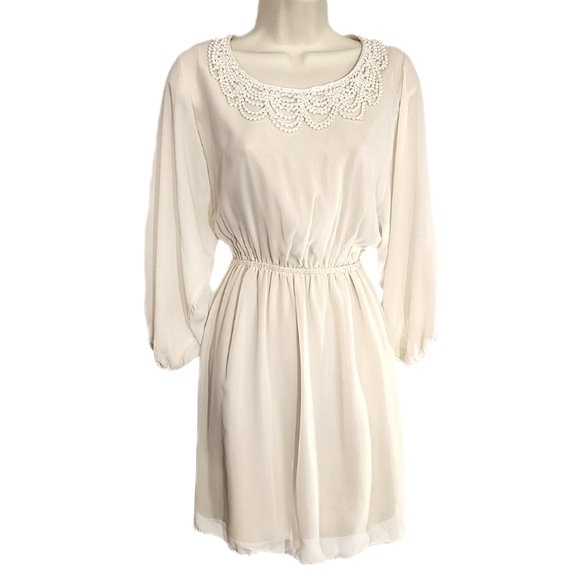 Ing Dresses & Skirts - Ing Dress Sheer Overlay And Faux Pearl Strands Collar Long Sleeve Cream Size L